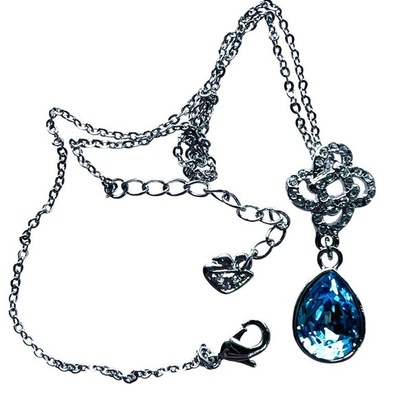 Blue & Clear Swarovski Crystal Teardrop Pendant 16" Silver-tone Necklace Swan - Picture 1 of 7